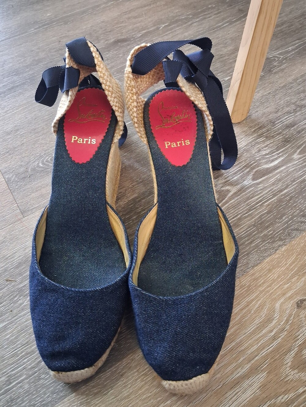 Christian Louboutin Navy Denim Espadrille Wedges with Black Ankle Ribbon